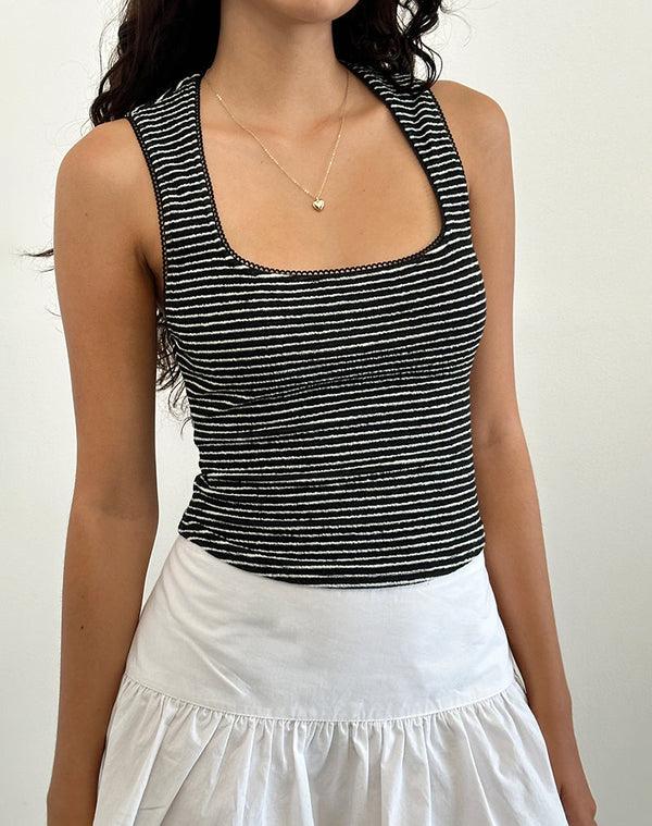 motel rocks Jinsu Top in Black and White Stripe with Picot Trim