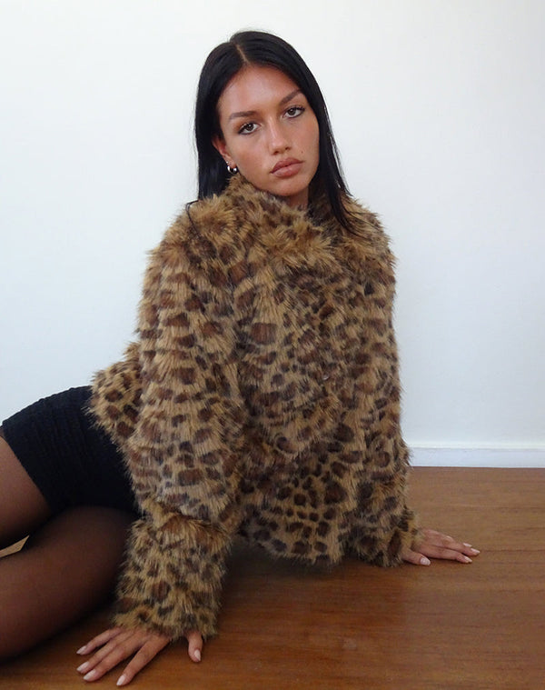 Motel Rocks Joji Crop Faux Fur Jacket In Brown Leopard