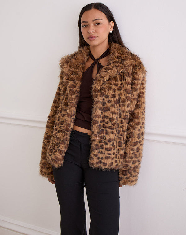 motel rocks Joji Crop Faux Fur Jacket in Brown Leopard