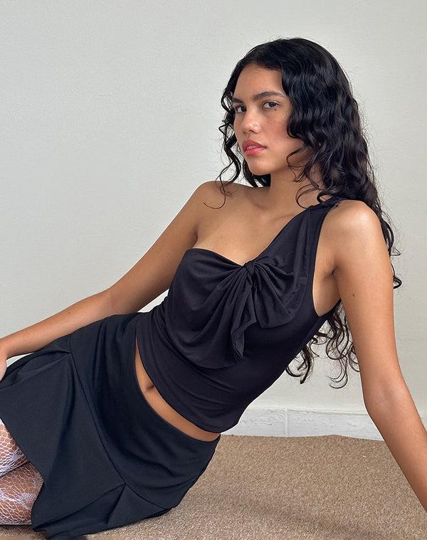 Motel Rocks Jovie One Shoulder Slinky Bow Top In Black