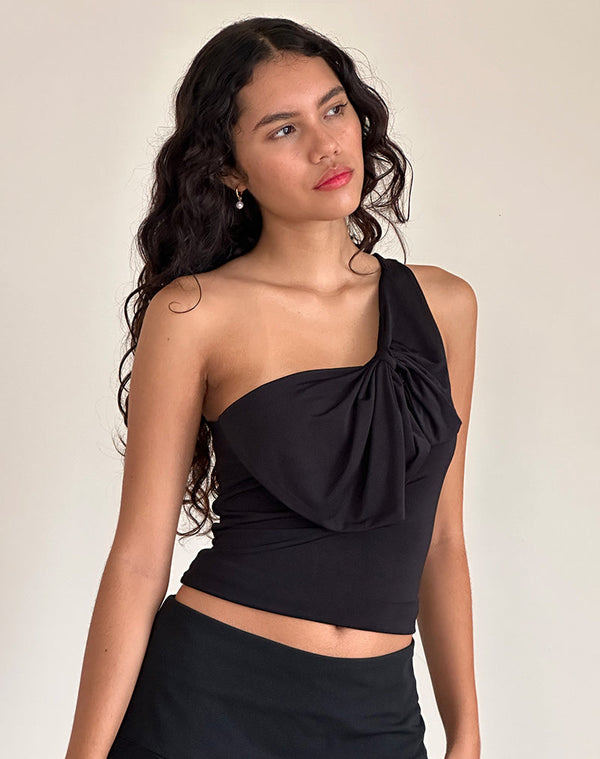 motel rocks Jovie One Shoulder Slinky Bow Top in Black