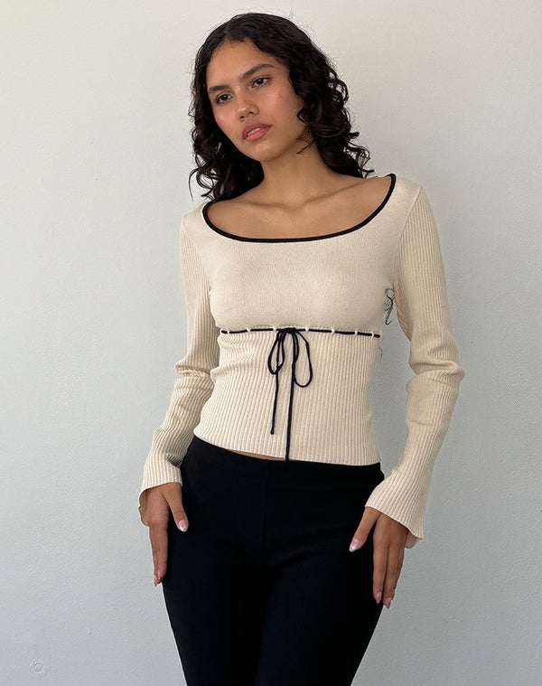 Motel Rocks Juhye Knitted Long Sleeve Top In Beige With Black Binding