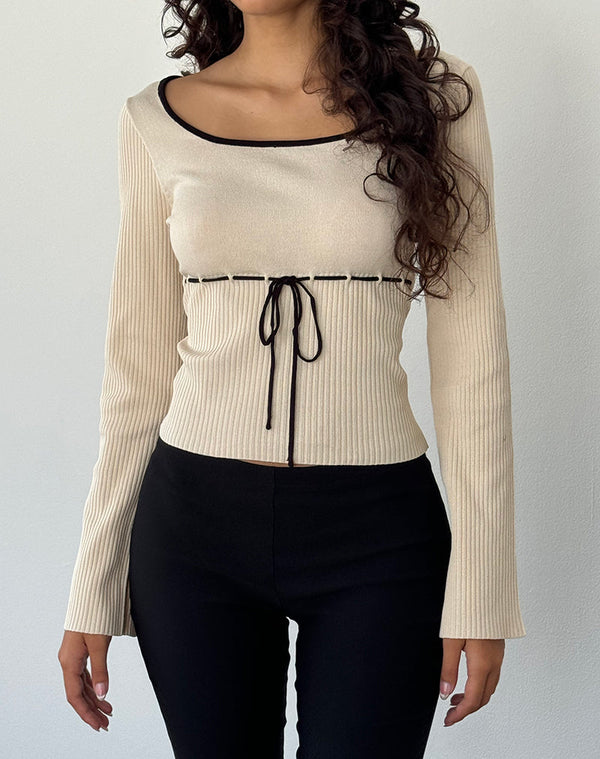 motel rocks Juhye Knitted Long Sleeve Top in Beige with Black Binding