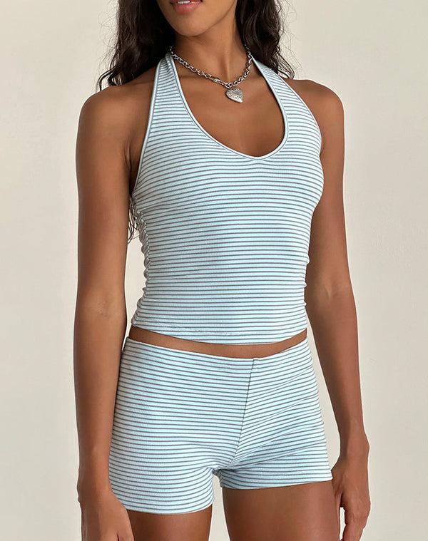 Motel Rocks Jules Halter Top In Blue And Grey Jersey Stripe