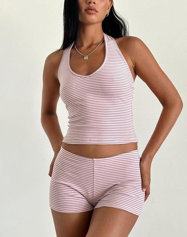 Motel Rocks Jules Halter Top In Pink And Grey Jersey Stripe