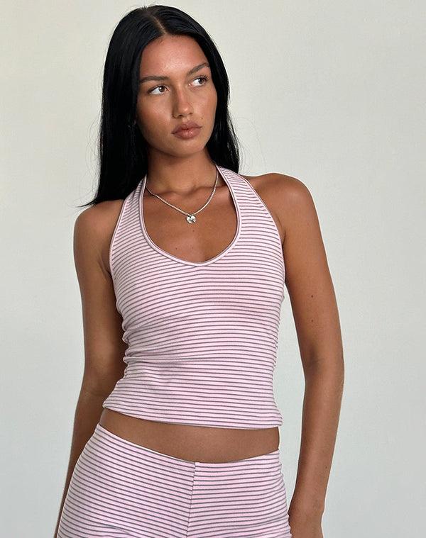 motel rocks Jules Halter Top in Pink and Grey Jersey Stripe