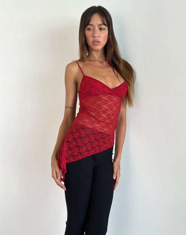 Motel Rocks Kacha Asymmetric Cami Top In Red Mari Lace