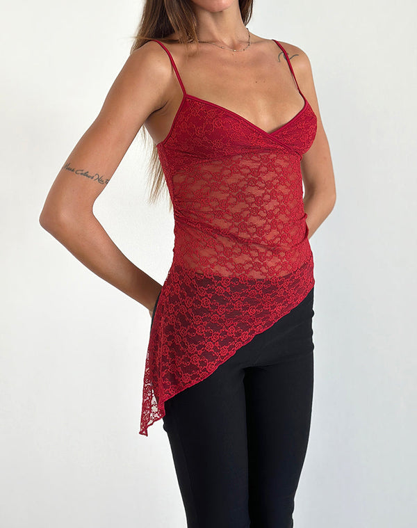 motel rocks Kacha Asymmetric Cami Top in Red Mari Lace