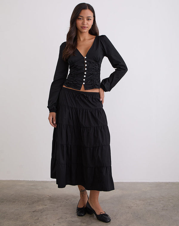 Motel Rocks Kadek Fitted Plunge Blouse In Poplin Black