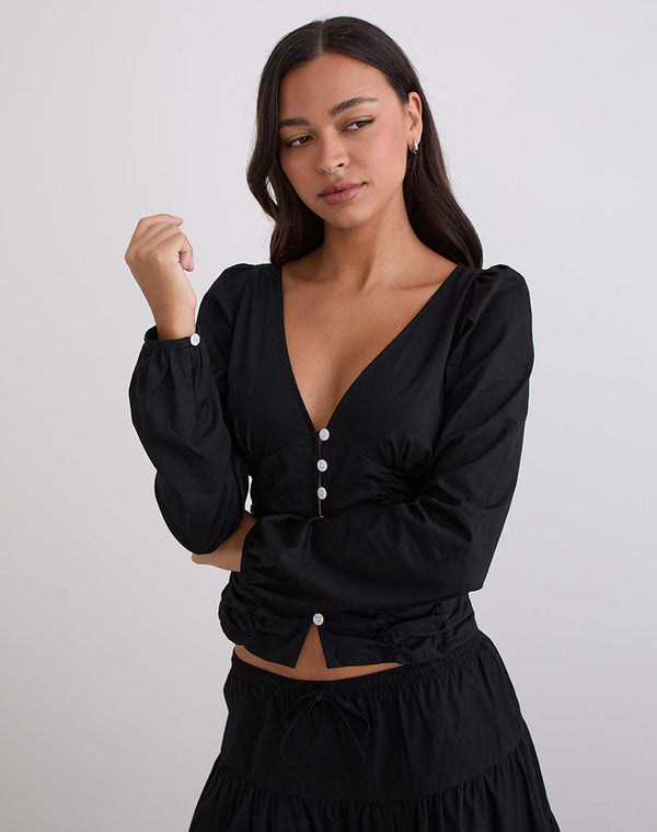 Motel Rocks Kadek Fitted Plunge Blouse In Poplin Black