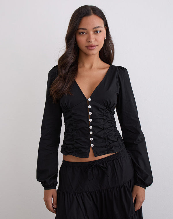 motel rocks Kadek Fitted Plunge Blouse in Poplin Black