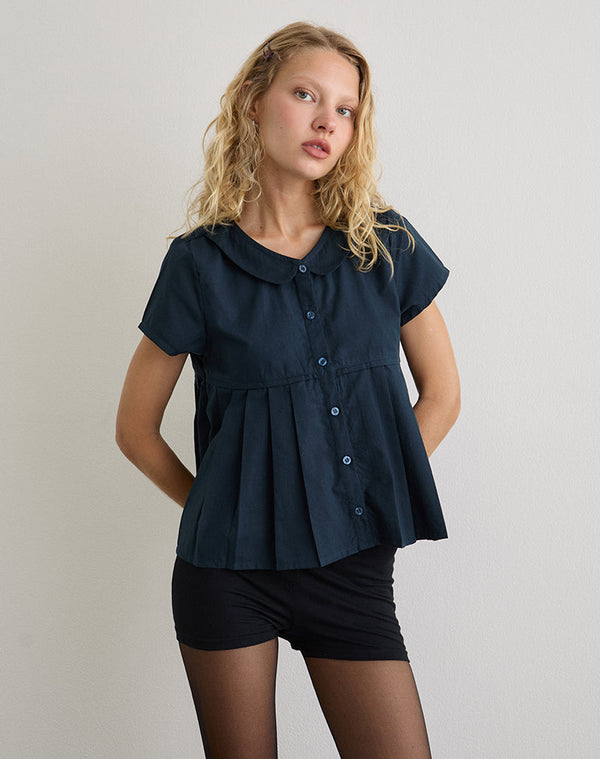 Motel Rocks Kaelis Pleated Blouse In Poplin Dark Navy