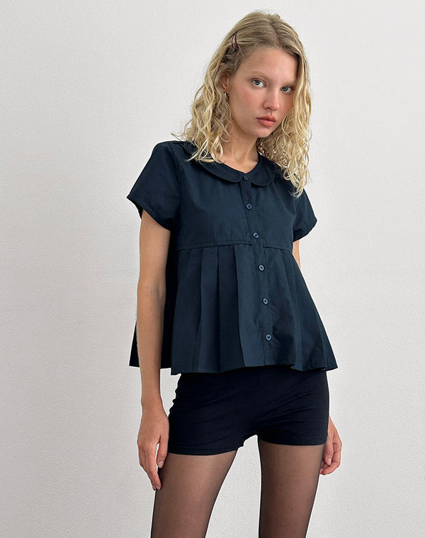 motel rocks Kaelis Pleated Blouse in Poplin Dark Navy