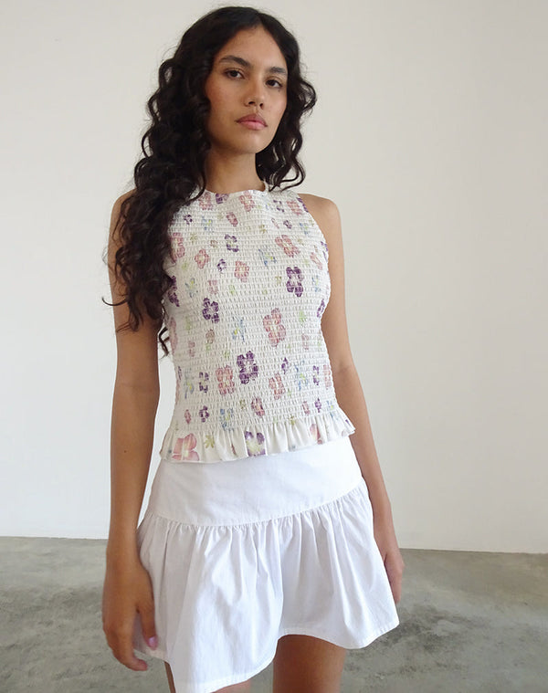 Motel Rocks Kagumi Shirred Top In Flower Stamp Purple