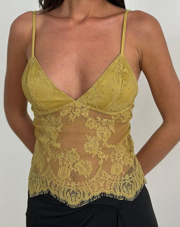 Motel Rocks Kaika Plunge Cami Top In Eyelash Lace Chartreuse