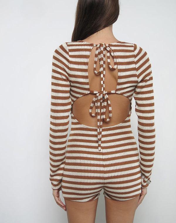 Motel Rocks Kaipo Tie Back Playsuit In Brown Ivory Stripe