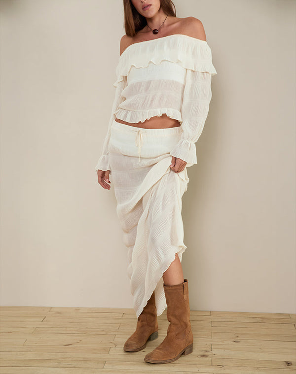 Motel Rocks Kalena Long Sleeve Bardot Top In Chiffon Plisse Ivory