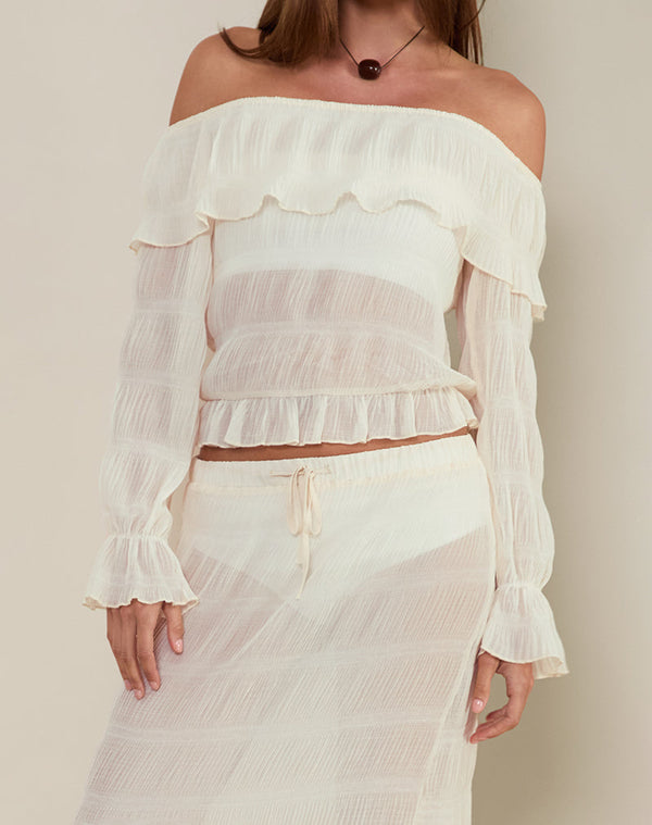 motel rocks Kalena Long Sleeve Bardot Top in Chiffon Plisse Ivory