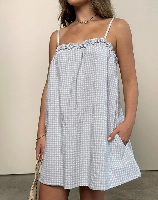 motel rocks Kamalani Dress in Mini Gingham Blue and Grey