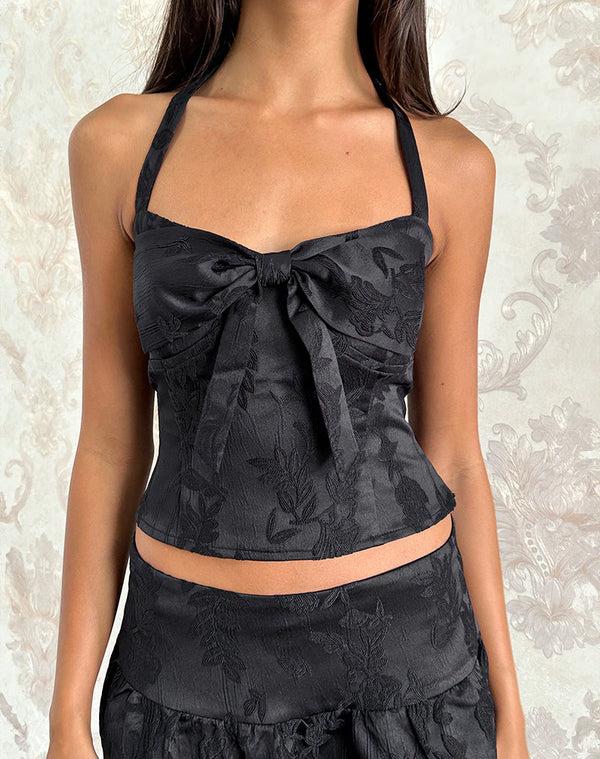 motel rocks Kampi Halter Top in Satin Jacquard Black