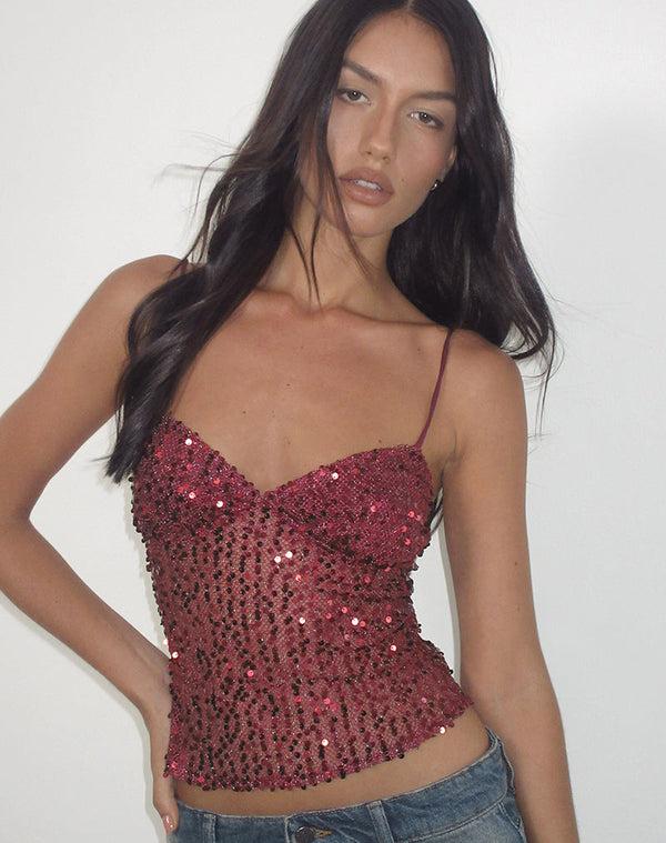 Motel Rocks Karachi Triangle Cami Top In Sequin Burgundy