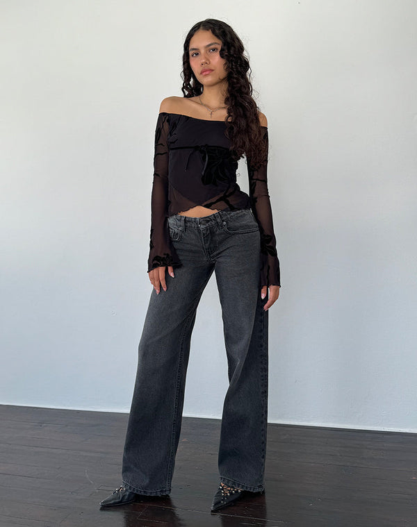 Motel Rocks Kareena Long Sleeve Bardot Top In Orchid Flock Black