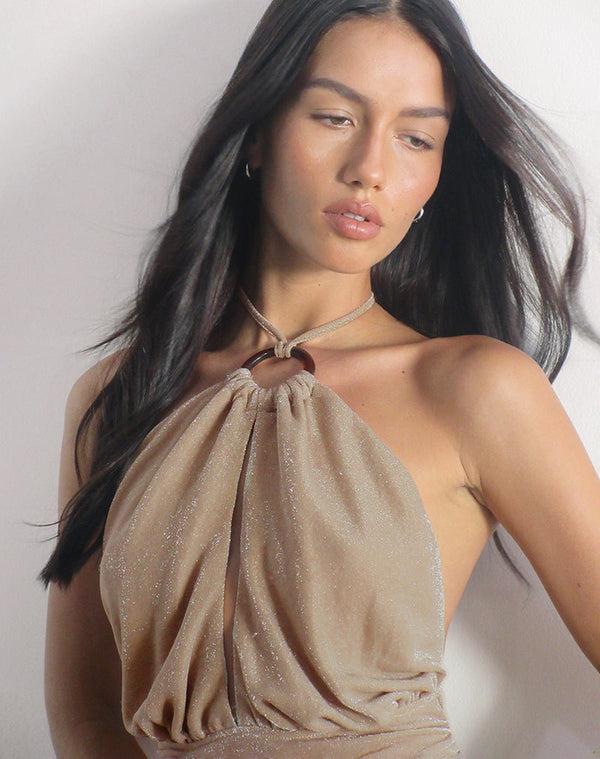 Motel Rocks Karise Plunge Top In Glitter Lurex Mesh Cream