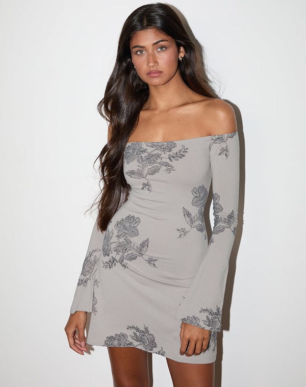 motel rocks Kausar Off Shoulder Mini Dress in Lace Flower Grey