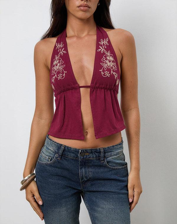 Motel Rocks Kayria Tie Top In Burgundy With Floral Embroidery