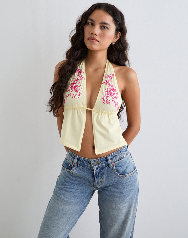 Motel Rocks Kayria Tie Top In Lemon With Floral Pink Embroidery
