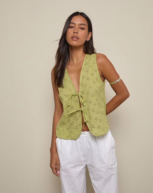 Motel Rocks Kayve Tie-Front Top In Little Daisy Broderie Lime