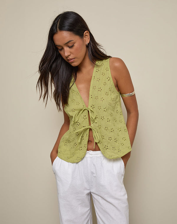 Motel Rocks Kayve Tie-Front Top In Little Daisy Broderie Lime