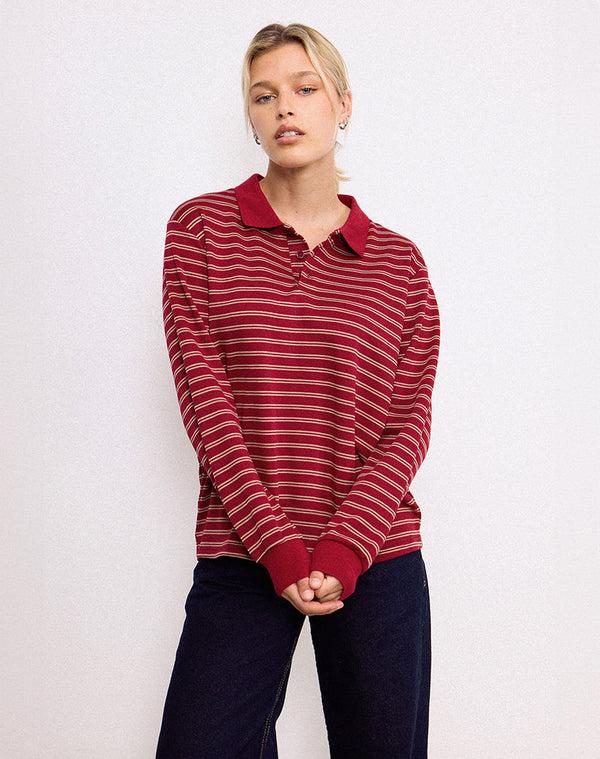 Motel Rocks Kemillau Baggy Shirt In Burgundy With White Stripes
