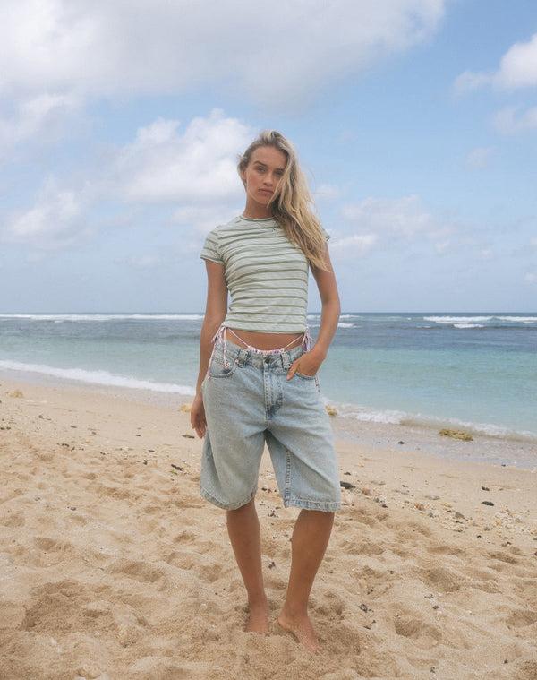 Motel Rocks Kenichi Top In Stripe Sage Green Jersey