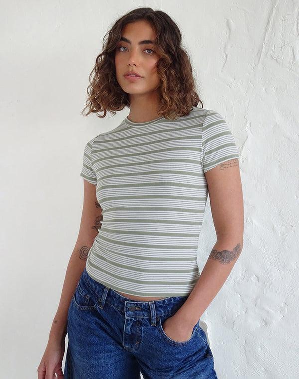 motel rocks Kenichi Top in Stripe Sage Green Jersey