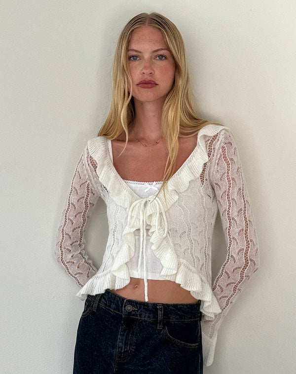 Motel Rocks Kenira Cardigan In Pointelle Knit Birch Cream