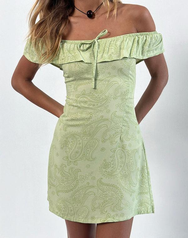 Motel Rocks Kenja Bardot Mini Dress In Retro Paisley Lime