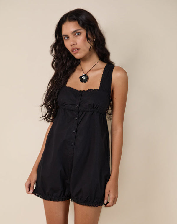 motel rocks Kenna Babydoll Playsuit in Poplin Black