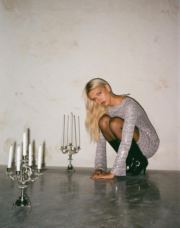 Motel Rocks Kimberly Open Back Mini Dress In Silver Sequin