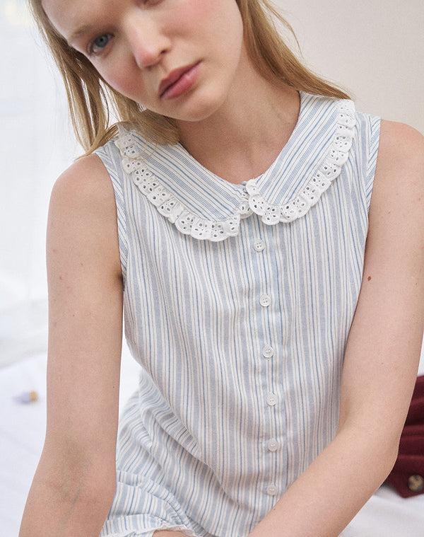 Motel Rocks Kitami Shirt In Linen White Blue Stripe