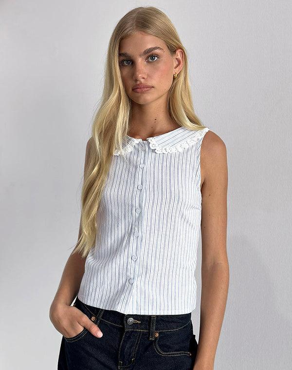 motel rocks Kitami Shirt in Linen White Blue Stripe