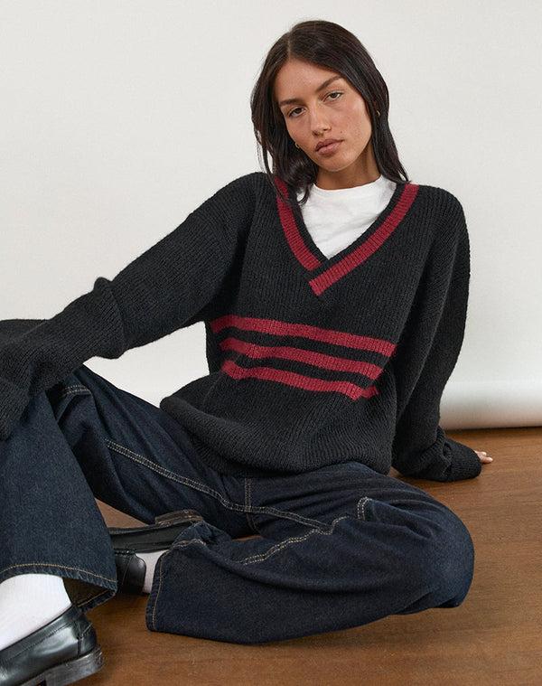 Motel Rocks Knitza Jumper In Black With Red Stripes
