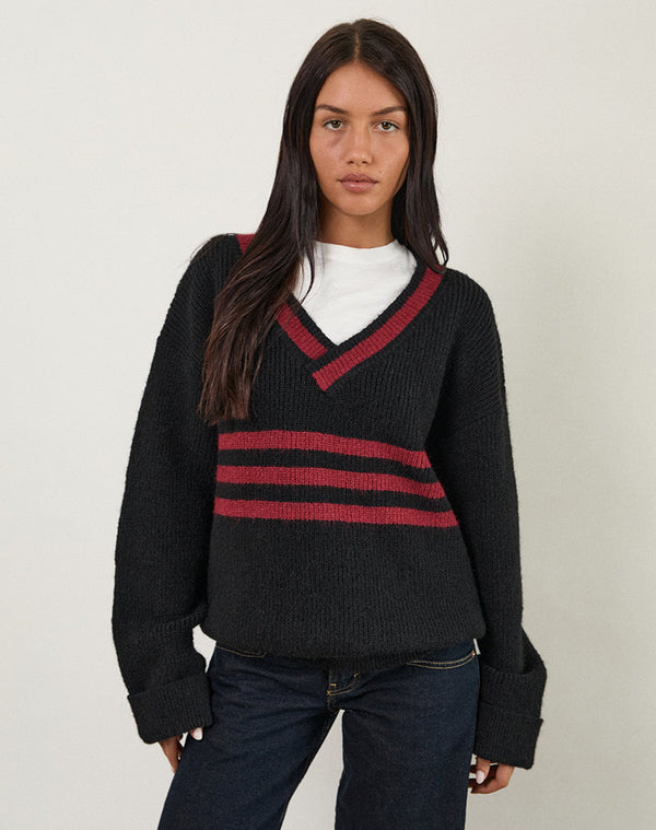 motel rocks Knitza Jumper in Black with Red Stripes