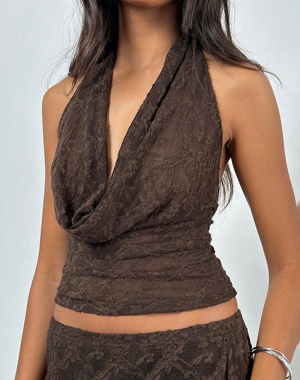 Motel Rocks Kylo Halter Top In Jacquard Knit Dark Brown
