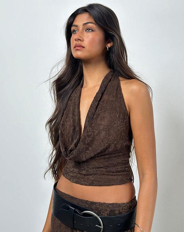 motel rocks Kylo Halter Top in Jacquard Knit Dark Brown