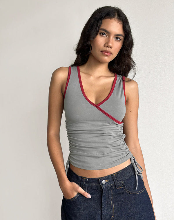 Motel Rocks Laird Wrap Top In Grey With Adrenaline Red Binding