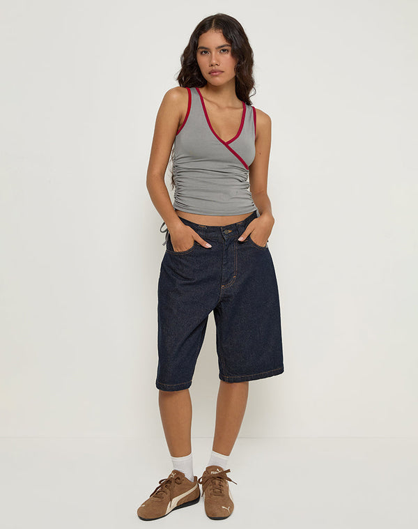 Motel Rocks Laird Wrap Top In Grey With Adrenaline Red Binding