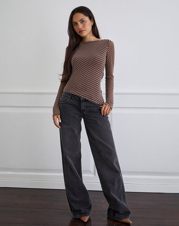 Motel Rocks Lakya Long Sleeve Top In Diagonal Stripe Flocked Brown And Cream