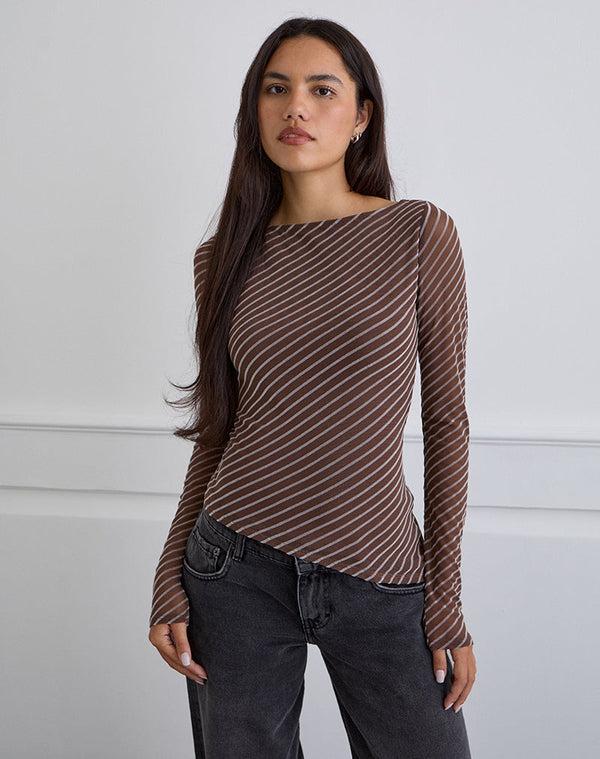 Motel Rocks Lakya Long Sleeve Top In Diagonal Stripe Flocked Brown And Cream
