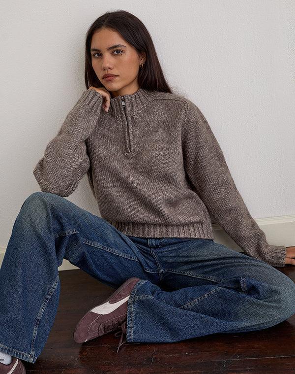 motel rocks Lamara Quater Zip Jumper in Dark Brown Marl